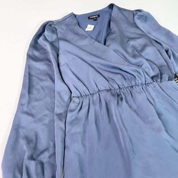 Express Wrap Dress Women's Medium Blue Balloon Sleeve Ruffle V-Neck Pleated NWT - Picture 4 of 12